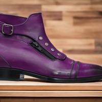 Handmade Men's Purple Leather Singal Buckle Cap Toe Ankle High Boots - Thumbnail 1