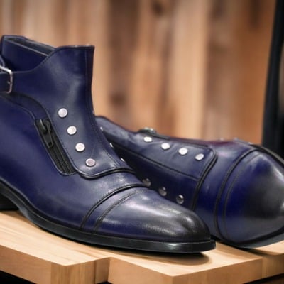 Handmade men's blue leather singal buckle cap toe ankle high boots