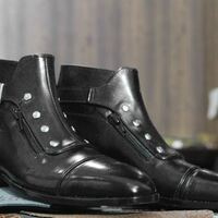 Handmade Men's Black Leather Singal Buckle Cap Toe Ankle High Boots - Thumbnail 1