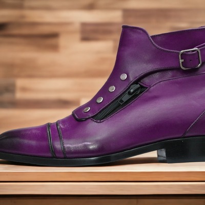 Handmade men's purple leather singal buckle cap toe ankle high boots