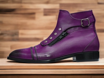Handmade Men's Purple Leather Singal Buckle Cap Toe Ankle High Boots