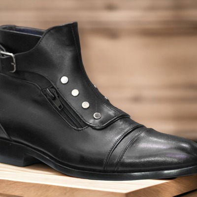 Handmade men's black leather singal buckle cap toe ankle high boots