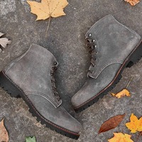 Handmade Men's Gray Suede Lace Up Derby Ankle Boots - Thumbnail 1