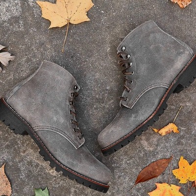 Handmade men's gray suede lace up derby ankle boots