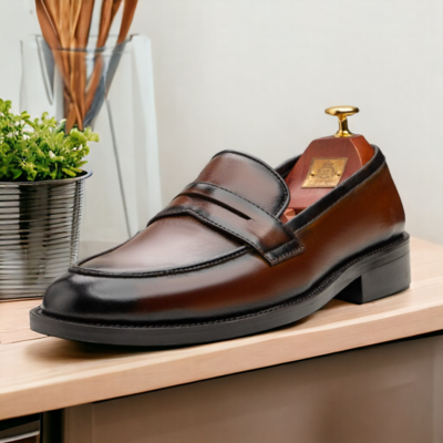 Men's Brown Penny Loafer Slip on Hand Painted Moccasin Shoes