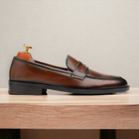 Men's Brown Penny Loafer Slip on Hand Painted Moccasin Shoes - Thumbnail 1