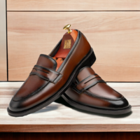 Men's Brown Penny Loafer Slip on Hand Painted Moccasin Shoes - Thumbnail 2