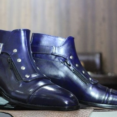 Handmade men's blue leather singal buckle cap toe ankle high boots