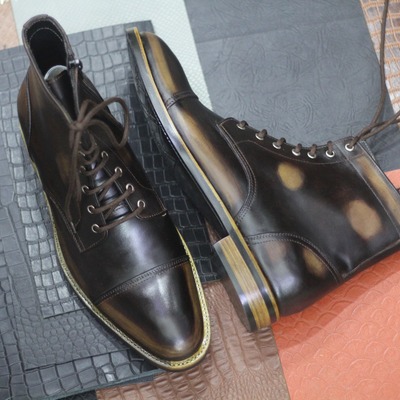 Handmade men's black leather lace up cap toe ankle high boots - Thumbnail 1