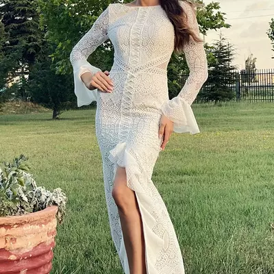 Long sleeve wedding dress ,ivory lace wedding dress