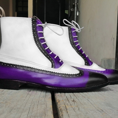 New men's handmade purple black white ankle high leather lace up wing tip brogue boot - Thumbnail 1