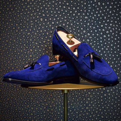Handmade loafer slip on suede shoes, men's blue color moccasin tussles shoes