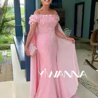 Off The Shoulder Mother Of The Bride/ Groom Dress For Wedding Classic Appliques Prom Dresses Pink Chiffon Long Evening Gown - Thumbnail 1