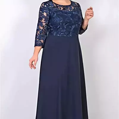 Navy long sleeves lace mother of the bride/ groom dresses a-line jewel neck wedding guest dress ankle length chiffon evening gowns