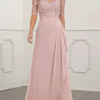 A-line pink mother of the bride/groom dresses for weddings v-neck half sleeve chiffon mom evening gown floral lace back zipper elegant