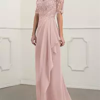 A-Line Pink Mother Of The Bride/Groom Dresses For Weddings V-Neck Half Sleeve Chiffon Mom Evening Gown Floral Lace Back Zipper Elegant - Thumbnail 1