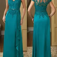 A-Line Lace Floor-Length Mother Of The Bride/ Groom Dress Elegant 2024 Plus Sizes Turquoise Appliques Chiffon Short Sleeve Ruffles Belt - Thumbnail 1