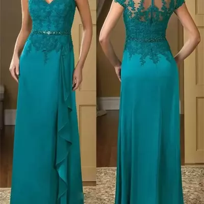 A-line lace floor-length mother of the bride/ groom dress elegant 2024 plus sizes turquoise appliques chiffon short sleeve ruffles belt