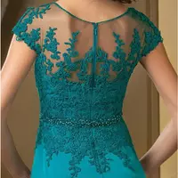 A-Line Lace Floor-Length Mother Of The Bride/ Groom Dress Elegant 2024 Plus Sizes Turquoise Appliques Chiffon Short Sleeve Ruffles Belt - Thumbnail 3