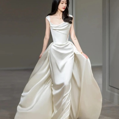 Wedding dress mermaid satin for bride boat neck neckline off the shoulder custom made plus size