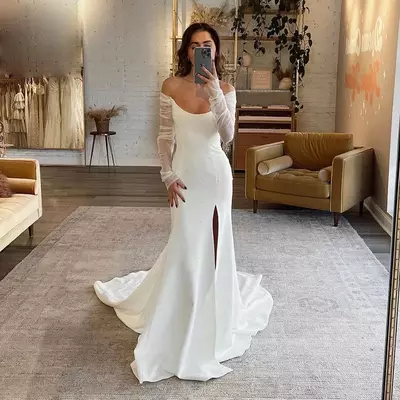Beautiful fascinating wedding dresses a line gorgeous satin simple off shoulder long sleeved high slit mopping bridal gowns 