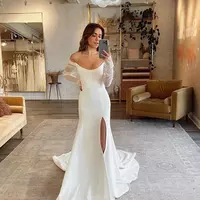 Beautiful Fascinating Wedding Dresses A Line Gorgeous Satin Simple Off Shoulder Long Sleeved High Slit Mopping Bridal Gowns  - Thumbnail 1