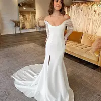 Beautiful Fascinating Wedding Dresses A Line Gorgeous Satin Simple Off Shoulder Long Sleeved High Slit Mopping Bridal Gowns  - Thumbnail 3