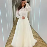 Boho Romantic Wedding Dresses Mermaid High Neck Long Sleeves Exquisite Lace Appliques Princess Style Beach Mopping Bride Gowns - Thumbnail 1