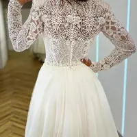 Boho Romantic Wedding Dresses Mermaid High Neck Long Sleeves Exquisite Lace Appliques Princess Style Beach Mopping Bride Gowns - Thumbnail 2