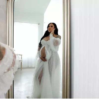 Pearl tulle maternity wraps dresses for photography front split long sleeve women photoshoot outfit maxi gown pregnancy long dress