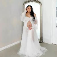 Pearl Tulle Maternity Wraps Dresses For Photography Front Split Long Sleeve Women Photoshoot Outfit Maxi Gown Pregnancy Long Dress - Thumbnail 2