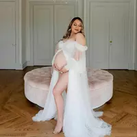 Pearl Tulle Maternity Wraps Dresses For Photography Front Split Long Sleeve Women Photoshoot Outfit Maxi Gown Pregnancy Long Dress - Thumbnail 5