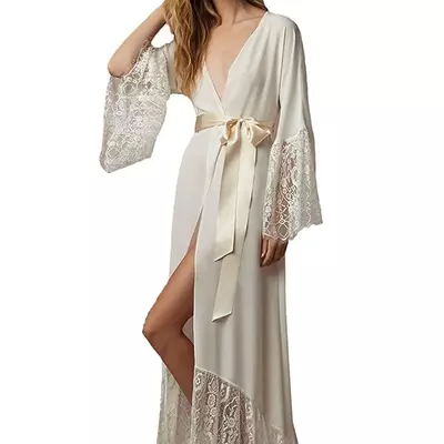 Bathrobes illusion dark ivory chiffon sleepwear with lace applique satin sash wedding bridal sxey wedding nightgown