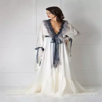 Elegant fur sleepwear v neck long sleeves lace wedding robe nightgown silk satin chic sweep train wedding pajama custom made