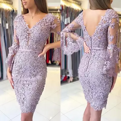 Latest charming short lavender lace applique mother of the bride dresses long sleeve v neckline wedding guest gowns back out