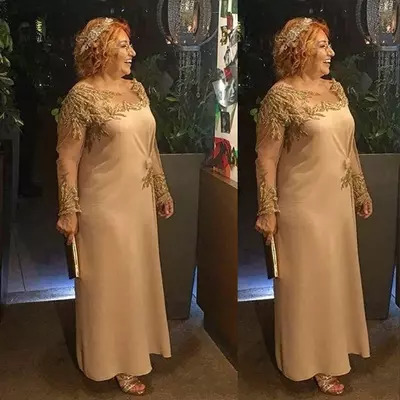Champagne mother of the bride dresses jewel neck long sleeves lace appliques sequined crystal ankle length party dress wedding guest gowns