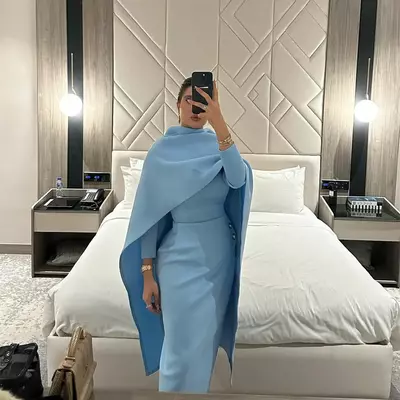 Blue Sky Mother of the Bride/ Groom Dresses with Cape Sheath Tea Length Prom Gown for Special Occasions Long Sleeve Muslim Formal Dress