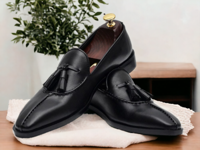 Men's Handmade Black Genuine Leather Shoes, Slip On Moccasin Loafer Tussle Shoes