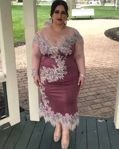 Fashion Beaded Plus Size Mother of the Bride Dresses Sheer Jewel Neck Long Sleeves Wedding Guest Dress Tea Length Appliqued Formal Gowns