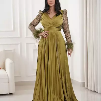 Feather a-line mother of bride/ groom dresses v-neck satin evening prom formal party birthday celebrity mother of groom gowns dress