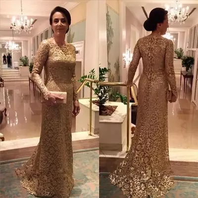 Long sleeves gold lace jewel mermiad elegant evening gowns new coming custom made mother of the bride/ groom dresses mothers dresses