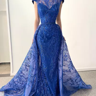 Royal blue mother of the bride/ groom dresses beads sequins evening dress with overskirts sheer neck high formal mother's wear