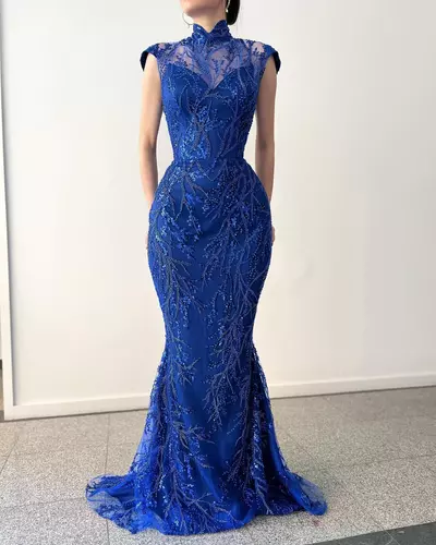 Royal Blue Mother Of The Bride/ Groom Dresses Beads Sequins Evening Dress with Overskirts Sheer Neck High Formal Mother's Wear