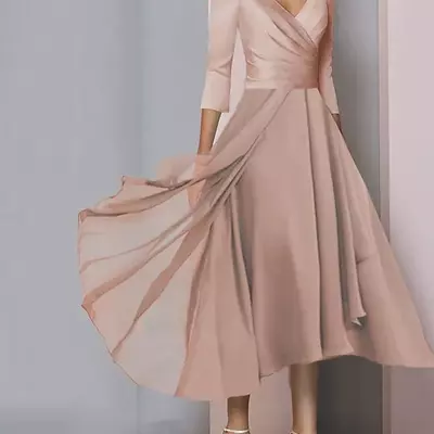 Simple short mother of the bride dress elegant v-neck tea length chiffon satin half sleeves bridal party gown robe de soiree