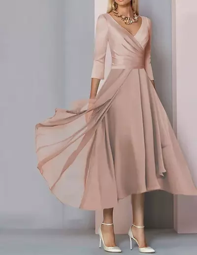Simple Short Mother of the Bride Dress Elegant V-neck Tea Length Chiffon Satin Half Sleeves Bridal Party Gown Robe De Soiree