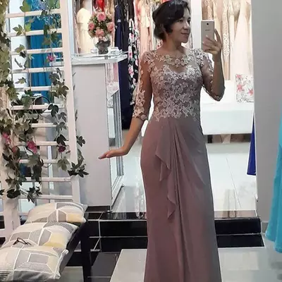 Mother of bride/ groom dresses jewel half sleeve chiffon lace appliques ruffles floor length prom mother wedding guest gown
