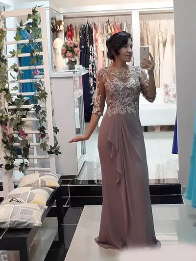 Mother Of Bride/ Groom Dresses Jewel Half Sleeve Chiffon Lace Appliques Ruffles Floor Length Prom Mother Wedding Guest Gown
