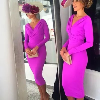Mother of the bride/ groom dresses tea length women long sleeves v-neck fuchsia 