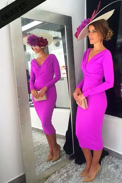 Mother of the Bride/ Groom Dresses Tea Length Women Long Sleeves V-Neck Fuchsia 