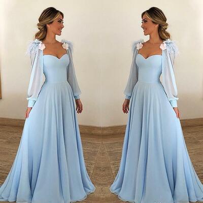 Mother of the bride/groom dresses sky blue long sleeves formal godmother evening wedding party guests gown 